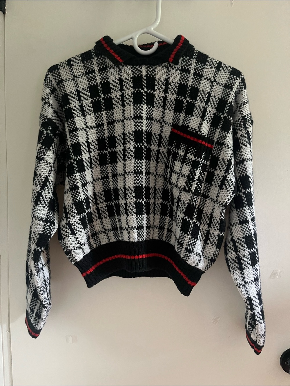 Vintage 80s 90s Liz Sport Petites Black White Plaid Sweater Size Medium Preppy